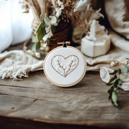 simple floral sprig heart needlework in a wooden hoop displayed on a table