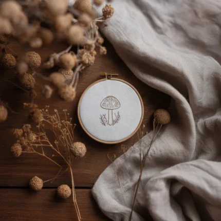 simple mushroom line art embroidery hoop with dried botanicals