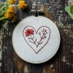 simple red floral heart embroidery pattern in a wooden hoop on a dark table
