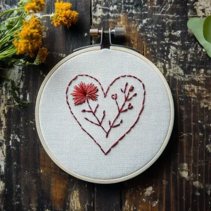simple red floral heart embroidery pattern in a wooden hoop on a dark table