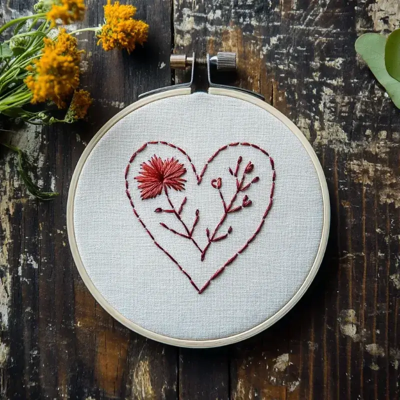 simple red floral heart embroidery pattern in a wooden hoop on a dark table