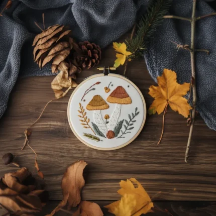 stitched woodland mushroom motif in a hoop on a rustic table