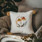 white cushion with yellow tassels and brown mushroom embroidery