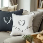 white decorative cushion featuring a stitched leafy heart and branch pattern next to a matching dark pillow
