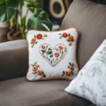 white decorative throw pillow featuring a stitched flower heart resting on a sofa