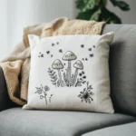white throw pillow on a gray sofa embroidered with a modern woodland mushroom line embroidery design