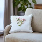 white throw pillow with lace edges featuring a delicate pink floral heart embroidery pattern