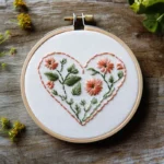 wooden hoop holding an orange and green floral heart embroidery on a wooden table