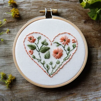 wooden hoop holding an orange and green floral heart embroidery on a wooden table