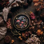 woodland mushroom and botanical embroidery art on black fabric in a wooden hoop