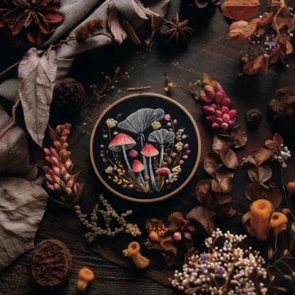 woodland mushroom and botanical embroidery art on black fabric in a wooden hoop